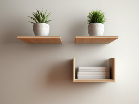 Generative AI two shelves on the white wall and green plant in potの素材