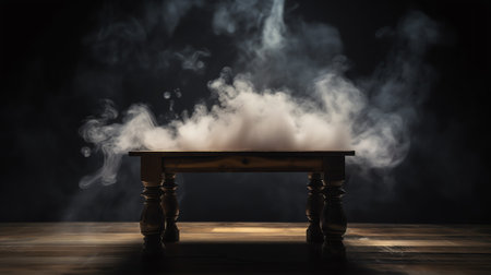 Generative AI empty wooden table with smoke float up on dark background Empty Space for display yourの素材