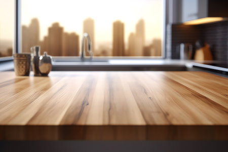 Generative AI Wood table perspective view, wooden surface of desk, kitchen top made of brown timberの素材