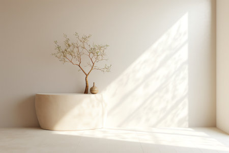 Generative AI White Marble Table with Tree Shadow on Concrete Wall Texture Background, Suitable forの素材