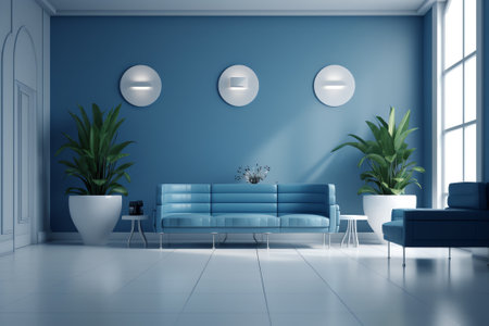 Generative AI Four Blue chairs in simple empty waiting roomの素材