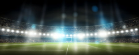 Stadium lights and flashes 3D rendering illustration. Sport background.の素材