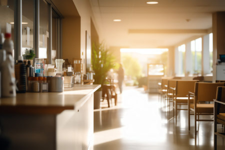 Generative AI Nobody in hospital waiting room front desk with office supplies and promotional flyersの素材