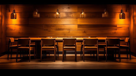 Generative AI restaurant interior background, dark wallの素材