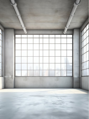 Generative AI Spacious empty industrial style office interior with white walls, concrete floor, coluの素材