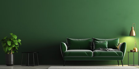 Generative AI Green sofa with table on green wall and wooden flooring.3d renderingの素材
