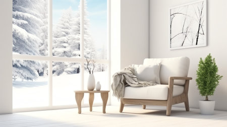 Generative AI White empty room with winter landscape in window. Scandinavian interior design. 3D illの素材