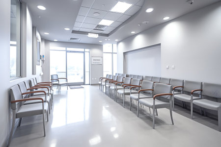 Generative AI Empty waiting room at clinical facility, chairs in hospital reception lobby. Medical cの素材