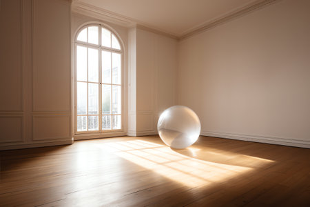 Generative AI 3d rendering picture of an empty living room with sunlight shine through a sliding dooの素材