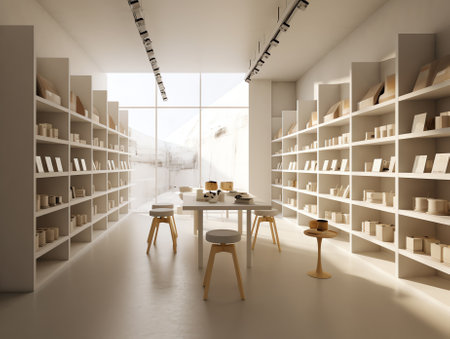 Generative AI Shop interior with empty shelves. 3d illustrationの素材