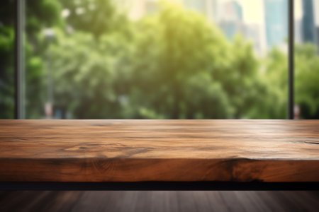Generative AI Wood table top on blur glass window wall building background.For montage product displの素材