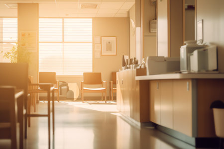 Generative AI Hospital reception counter with computer showing appointments list, empty waiting roomの素材