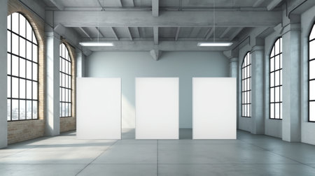 Generative AI 3D render of empty exhibition space. backdrop for exhibitions and events. Tile floor.の素材