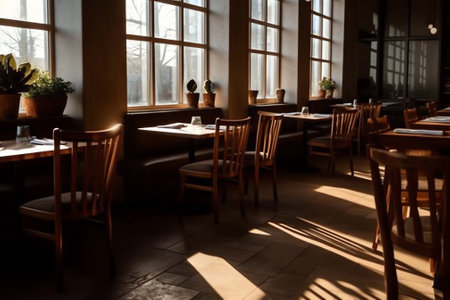 Generative AI Chairs and Stools Stacked on Tables in an Empty Closed Restaurant during Covid-19 Pandの素材
