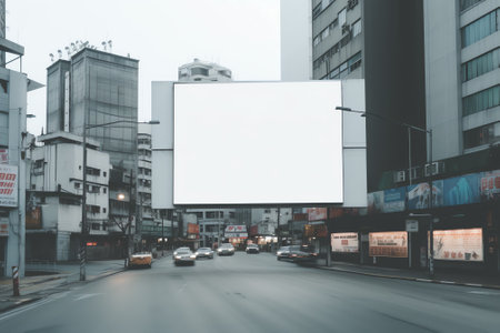 Generative AI Blank mock up of vertical street ad billboard in busy city streetの素材