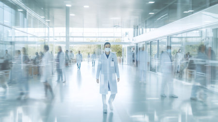 Generative AI Doctors or nurses walking in hospital hallway, blurred motion.の素材