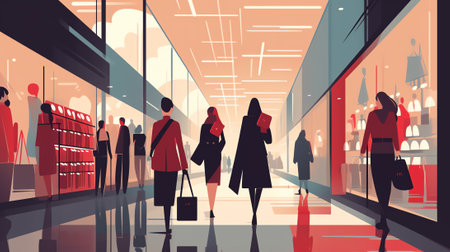 Generative AI Shopping Mall Modern Background Illustration with Interior Inside, Escalator and Varioの素材