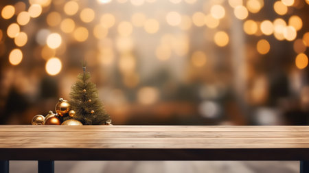 Generative AI Wooden table with Christmas or new year backgroundの素材