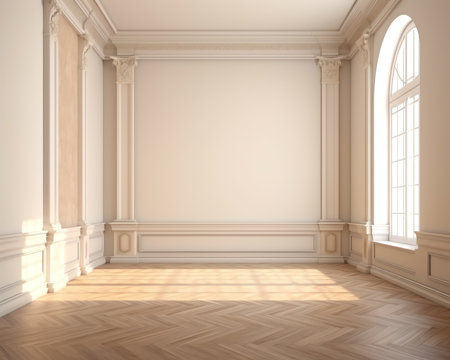 Generative AI Empty room with hardwood parquet floor and walls with white textured wallpaper and sunの素材