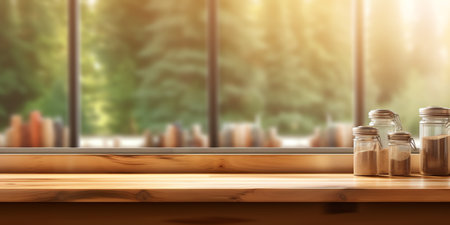 Generative AI Open wooden bar counter with alcohol on shelves in modern cafe, restaurant interior, pの素材