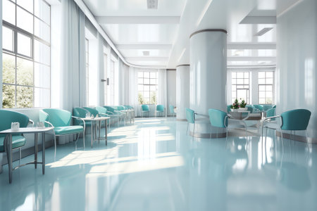 Generative AI White hospital lobby with a door and white chairs for patients waiting for the doctorの素材