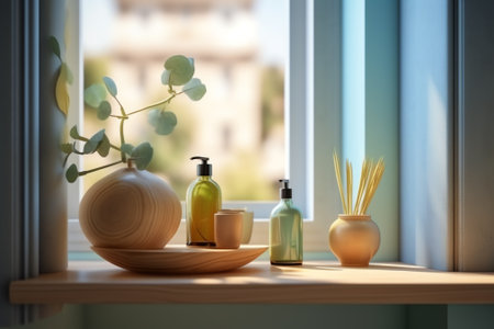 Generative AI Wooden table on blurred background of bathroom window and shelvesの素材