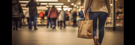 Generative AI Coronavirus related sign rationing food at a supermarket with shopper in the distanceの素材