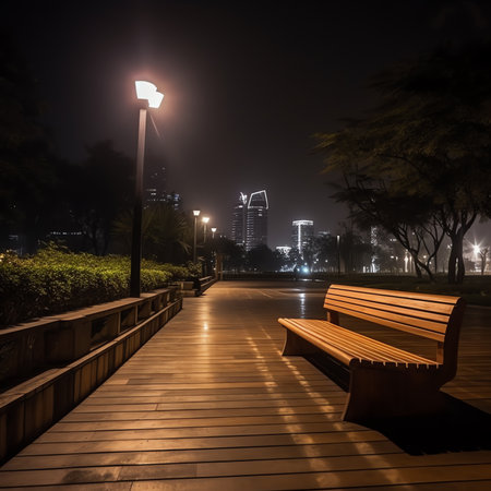 Generative AI A view of wooden benches along an empty sidewalkの素材