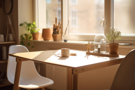 Generative AI Interior of modern home workspace with wooden table and laptop and chair near big windの素材