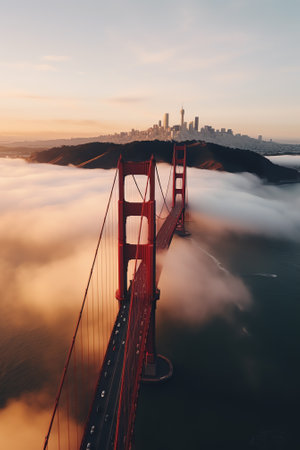 Generative AI San Francisco Skyline Golden Gate bridge. Beautiful landmark. Day time. Empty rooftopの素材