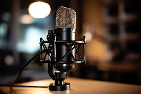 Generative AI Studio microphone and pop shield on mic in the empty recording studio with copy space.の素材