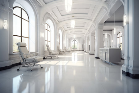 Generative AI 3D rendering of a hospital interior with lots of copy spaceの素材