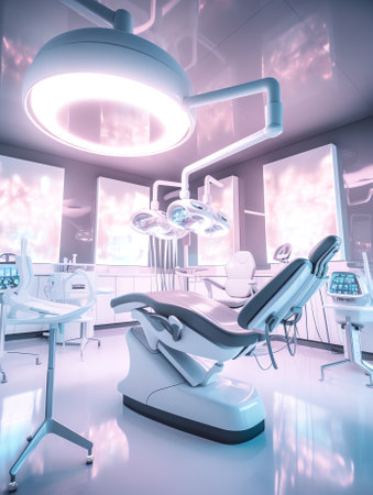 Generative AI Lit reception area in dental clinic. Working place - table with computer.の素材