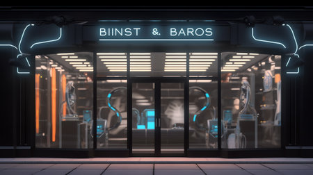 Generative AI Front view of an empty storefront of shop. Design with black aluminuin and glass red fの素材