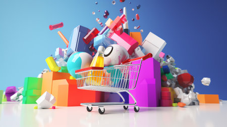 Generative AI Creative 3d rendering of online shopping. Smart phone standing on podium with shoppingの素材