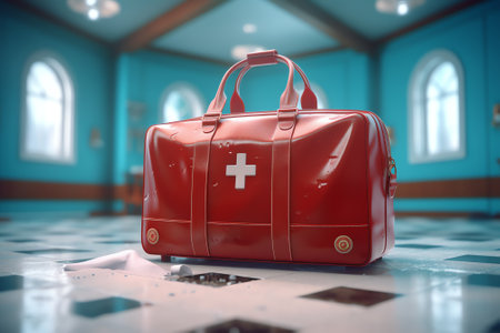 Generative AI Forgotten travel bag on the train station. Red suitcase on empty station platform. Traの素材