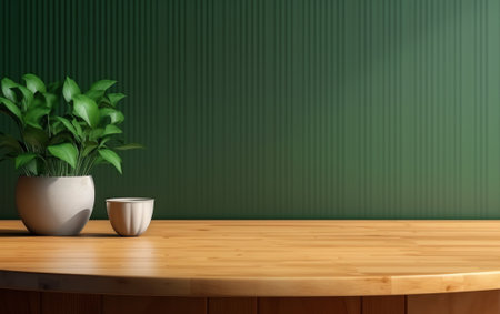 Generative AI Green wall panelling with wooden shelf in kitchen room.3D renderingの素材
