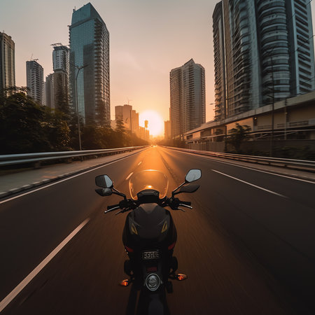 Generative AI Empty asphalt road and Chongqing city skyline and buildings at sunset,China.の素材