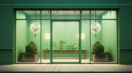 Generative AI Front view on empty shop window with slatted wall background and blank stand behind glの素材