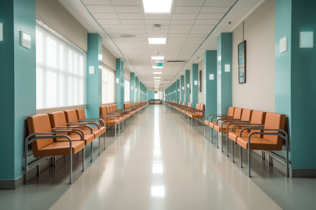 Generative AI Privat Hospital, Clinical or medical practice waiting room - with empty chairs.の素材