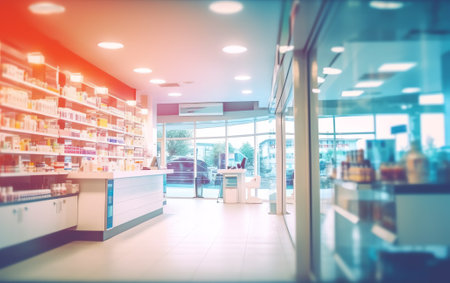 Generative AI Modern Pharmacy Drugstore with Shelves full of Packages with Modern Medicine, Pill Druの素材