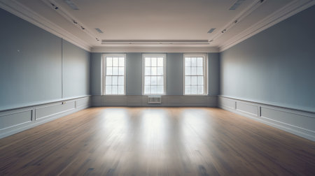 Generative AI Big empty room in grange style with wooden floor, bricks wall, big windows and mirrow.の素材