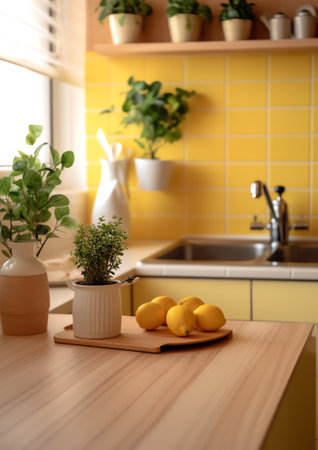 Generative AI yellow table of retro wood and kitchen room interior with retro chicの素材