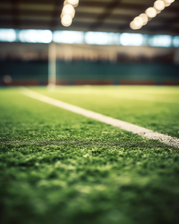 Generative AI textured free soccer field in the evening light - center, midfieldの素材