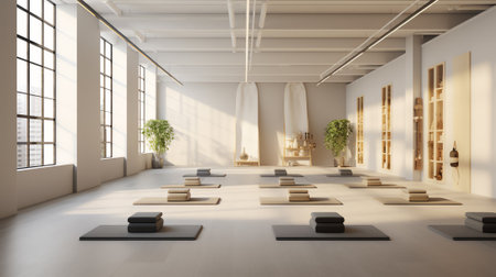 Generative AI Modern bright white yoga studio gym interior with empty brick wall, window and city viの素材