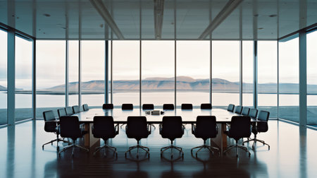 Generative AI Chairs and tables arranged in empty meeting room at officeの素材
