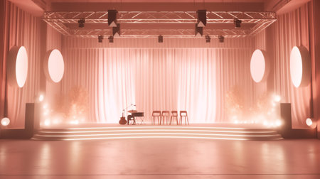 Generative AI Empty restaurant interior with stage waiting for customers.の素材
