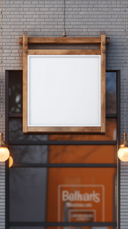 Generative AI Exterior of white office or shop with glass door and big horizontal mock up poster hanの素材