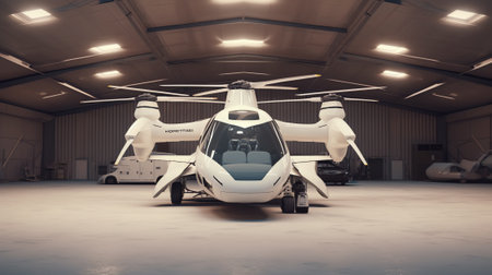 Generative AI Aircraft hanger door open car stage 3D illustrationの素材