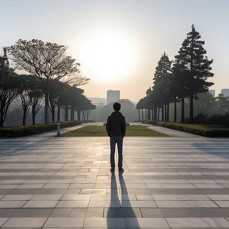 Generative AI empty square floor in modern park during sunrise.の素材